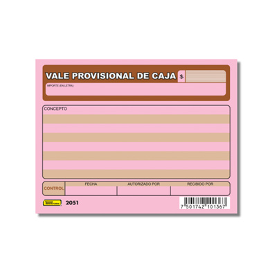 Formas 2051 Vale Provisional Caja 1/4 Carta